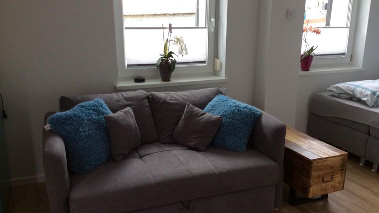 Ein gemütliches Wohnzimmer mit einem grauen Sofa und bunten Kopfkissen. Neben dem Sofa steht ein Holzblock als Tisch und große Fenster sorgen für viel Licht.