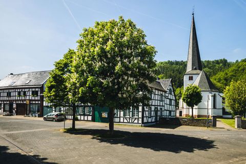 Un village pittoresque avec des maisons à colombages traditionnelles et un haut clocher. Au premier plan, se dresse un grand arbre fleuri.