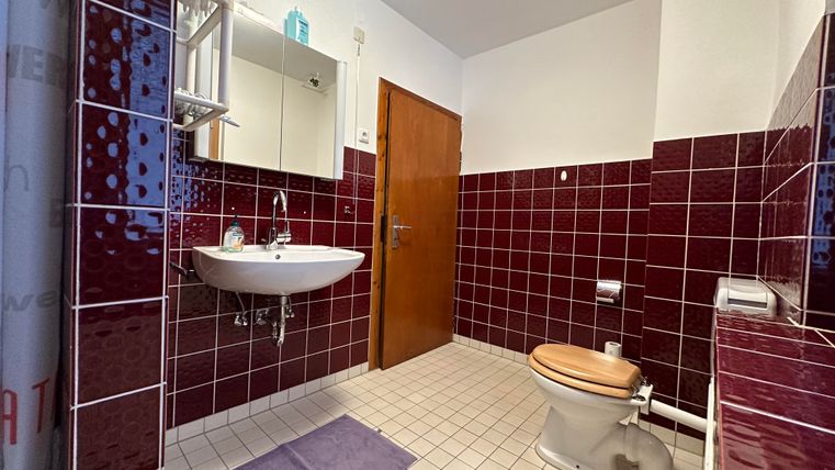 Ein Badezimmer mit roten Fliesen und einem Waschbecken. Auf der rechten Seite befindet sich eine Toilette und ein Spiegel über dem Waschbecken.