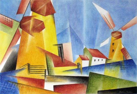 Eine farbenfrohe, abstrakte Darstellung von Windmühlen in einer ländlichen Landschaft. Die Szene zeigt geometrische Formen und lebendige Farben unter einem klaren Himmel.