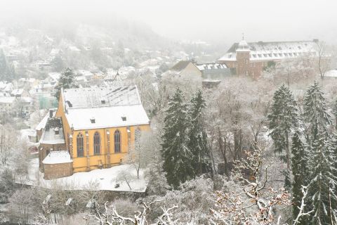 Eine verschneite Landschaft mit einem gelben Gebäude und grünen Tannen. Der Himmel ist grau und die Umgebung wirkt ruhig und winterlich.