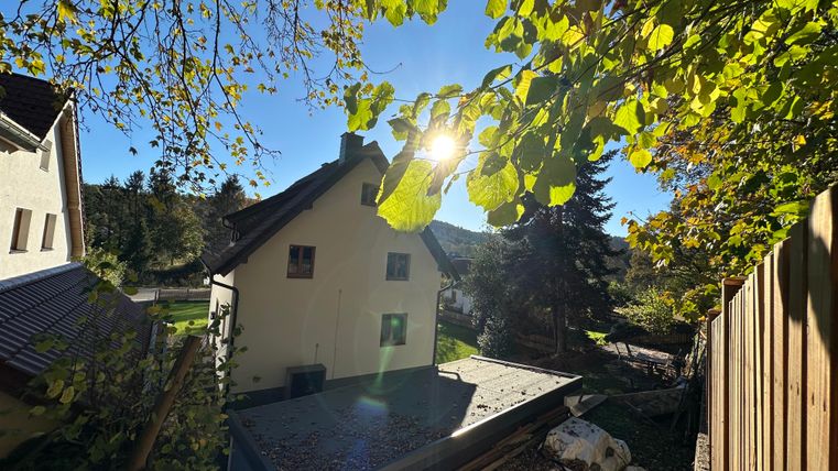 Ein gemütliches Haus umgeben von Bäumen im Sonnenlicht. Der Himmel ist klar und es ist ein schöner Herbsttag.