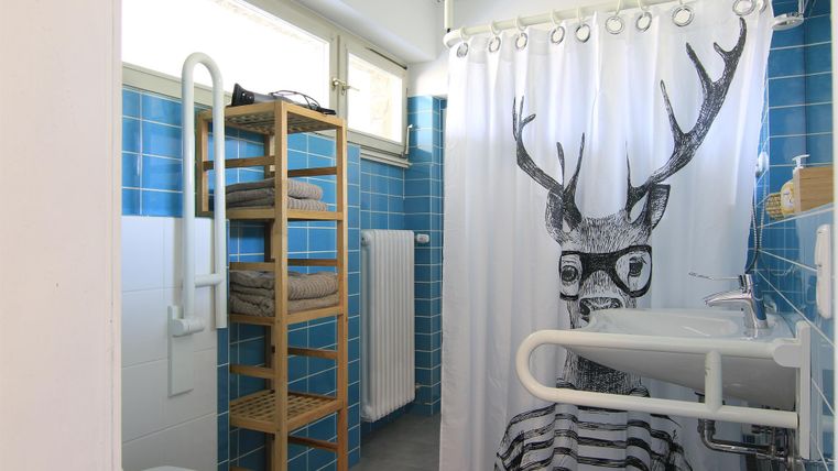 Ein Badezimmer mit blauen Fliesen und einem Duschvorhang mit einem stilisierten Reh. Ein Regal mit Handtüchern ist ebenfalls zu sehen.