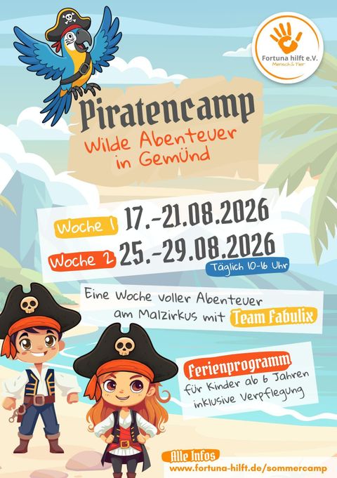 Ein Plakat für ein Piratencamp mit bunten Illustrationen. Es zeigt ein Abenteuerprogramm für Kinder, das in zwei Wochen im August stattfindet.