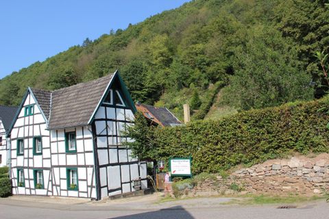 Ein traditionelles Fachwerkhaus mit einem Reetdach steht an einer ruhigen Straße. Im Hintergrund sieht man einen bewaldeten Hang.