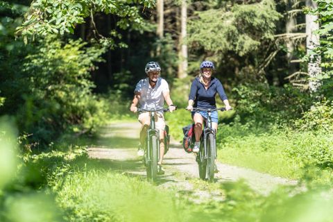 Zwei Personen fahren mit ihren E-Bikes auf einem Waldweg. Um sie herum ist üppige grüne Natur.