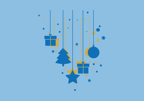 Ein festliches Design mit hängenden Geschenken, einem Weihnachtsbaum und einer Weihnachtskugel. Der Hintergrund ist blau mit dekorativen Sternen und Punkten in Gelb.