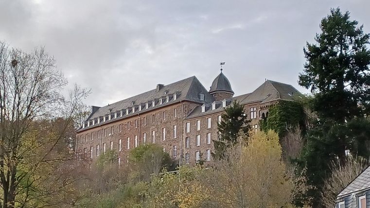 Schloss Schleiden auf einem Hügel mit Bäumen im Vordergrund.