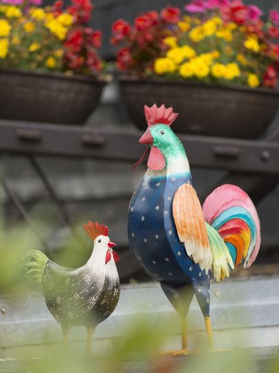 Bunte Hähne stehen in einem Garten. Im Hintergrund sind blühende Blumen zu sehen.